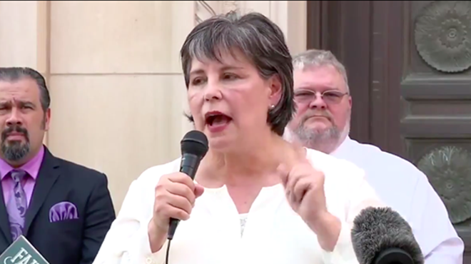 Cynthia Brehm, who was voted out Tuesday as Bexar County Republican Party chairwoman, speaks at a press conference where she said the COVID-19 was a Democratic hoax.