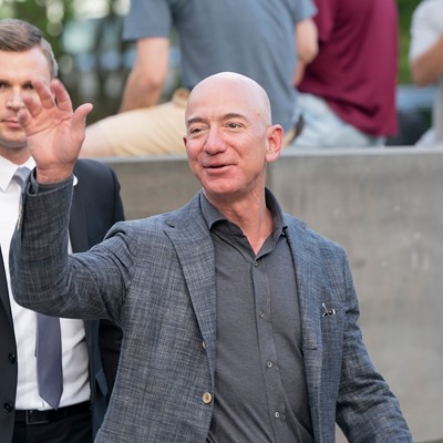 Amazon founder Jeff Bezos waves to reporters in New York City in 2019.