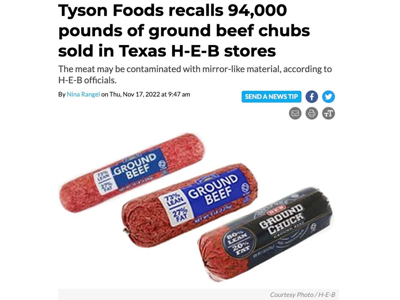18. Tyson Foods recalls 94,000 pounds of ground beef chubs sold in Texas H-E-B stores