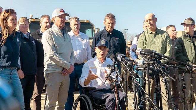 Texas Gov. Greg Abbott holds a press conference in Eagle Pass earlier this month with other Republican governors.