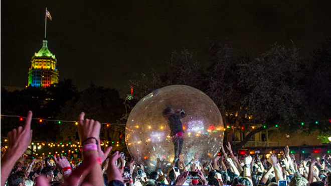 The Flaming Lips' Wayne Coyne belts it out from inside a plastic bubble during the band's 2016 performance at the Maverick Music Festival.