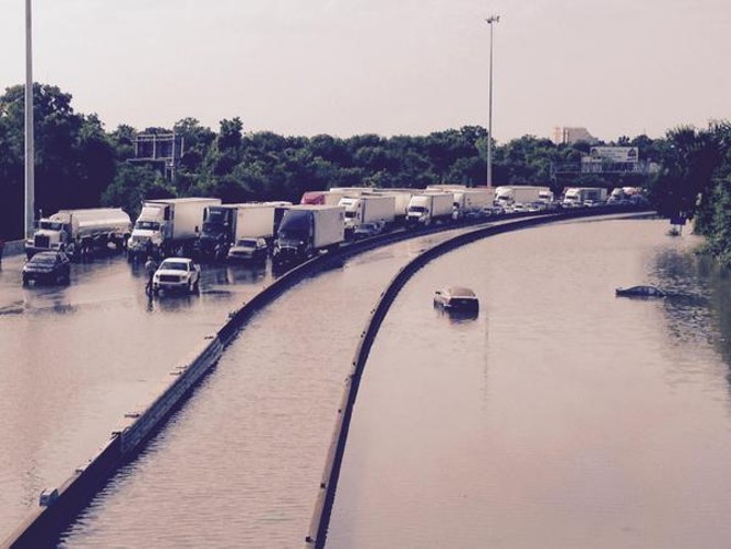 Flood waters this morning on Interstate 45 in Houston. - Via Twitter user @rcrocker