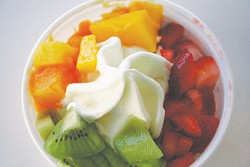 Frozen yogurt with kiwi, mango, and strawberries from OrangeCup.
