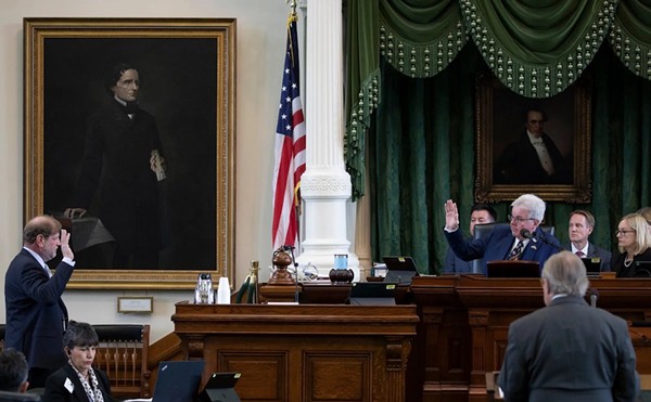 Darren McCarty, former deputy attorney general for civil litigation under Ken Paxton, is sworn in by Lt. Gov. Dan Patrick during the sixth day of Paxton’s impeachment trial on Sept. 12, 2023.