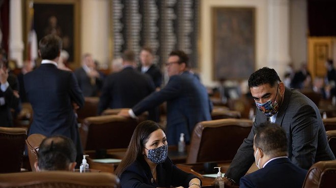 From left: Houston democratic state Reps. Ana Hernandez, Garnet Coleman, and Armando Lucio Walle on the House floor on Aug. 23, 2021.