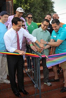Former Mayor Julián Castro, Councilman Diego Bernal and Pride Center board chair Richard Farias joined Equality Texas field organizer Robert Salcido and others to cut the ribbon at the New PRIDE Center office in June.