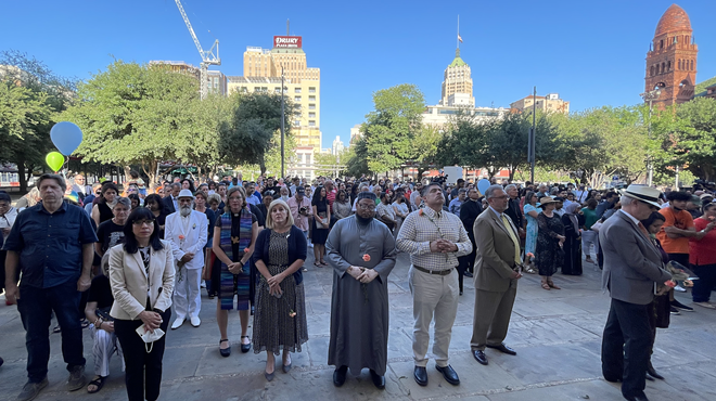 Religious leaders from San Antonio face the steps of the San Fernando Cathedral as the bells rang 21 times to honor each victim of the Robb Elementary School massacre.