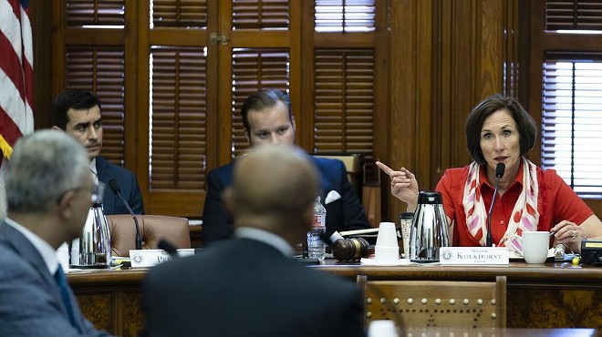 State Sen. Lois Kolkhorst, R-Brenham, chair of the Senate Committee on Health & Human Services, listens to Dr. Esmaeil Porsa, left, CEO of Harris Health System; and Dr. Joseph Chang, chief medical officer of the Parkland hospital system, testify on the statewide crisis due to COVID-19 hospitalizations on Aug. 10, 2021.