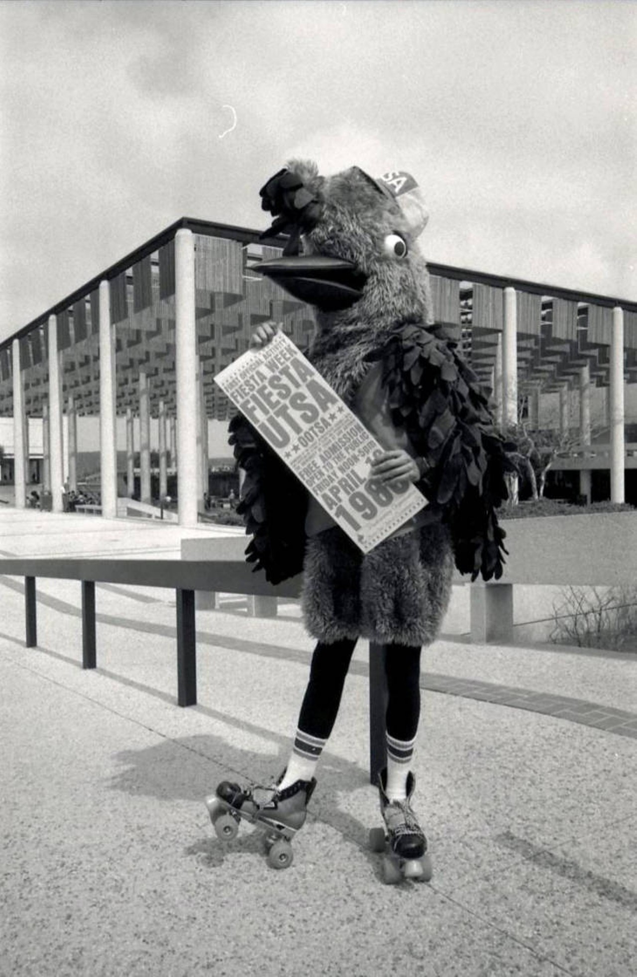 Rowdy the Roadrunner Holding Fiesta UTSA (OOTSA) Poster in Front of Sombrilla
Well... at least it wasn’t as bad as the New Orleans Pelicans’ first mascot. Rowdy would go on to get a much-needed facelift years later.