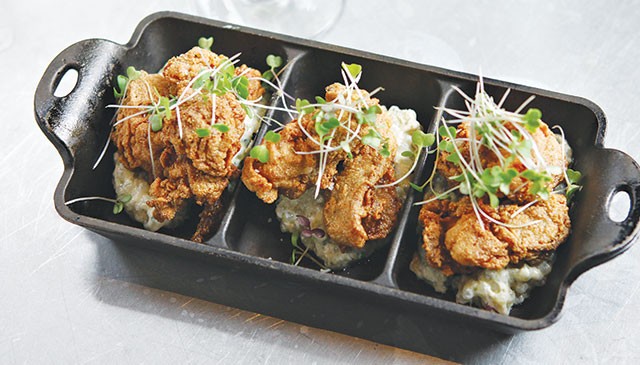Masa flash-fried oysters served atop pickled tapioca - WWW.PAYTONPHOTOGRAPHY.COM