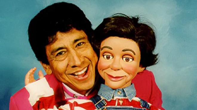 Nacho Estrada and his dummy Maclovio pose for a promo shot.