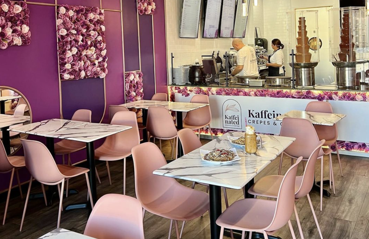 ​​Kaffeinated
12619 La Cantera Parkway, #209, (210) 255-1260, kaffeinated.co
San Antonio’s newest crêpe and coffee spot opened in February of 2022, doling out treats in an atmosphere tailored for Instagram shares. The cafe offers a variety of food and drink amid pink and purple details and gilded accents.  
Photo via Instagram / kaffeinatedtx