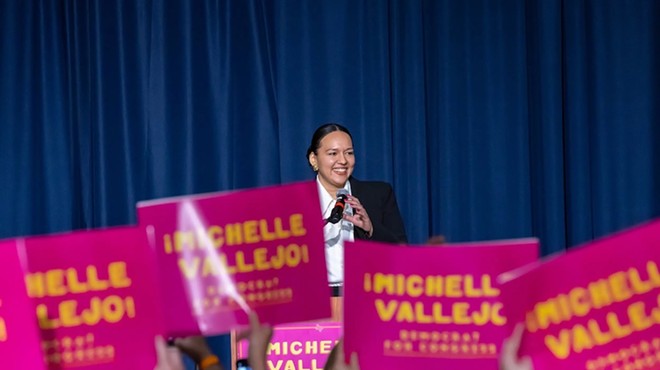 Democratic congressional candidate Michelle Vallejo for TX-15 speaks at a rally with former President Bill Clinton in Edinburg on Nov. 7, 2022.