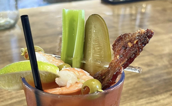 The Reserve on 1863's house Bloody Mary features bacon, boiled shrimp and pickled things.