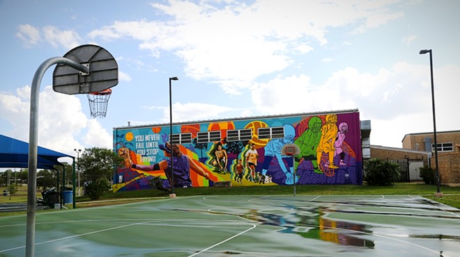 The mural Motivated Community by Adiana Garcia, Manola Ramirez and Maria Ramirez shows people engaged in sports.