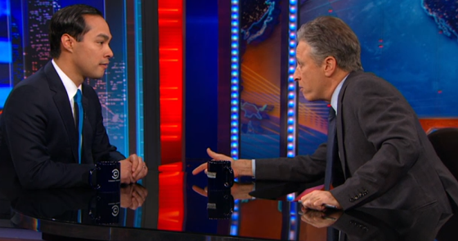 Secretary of Housing and Urban Development Julián Castro chat with John Stewart, host of The Daily Show. - COURTESY