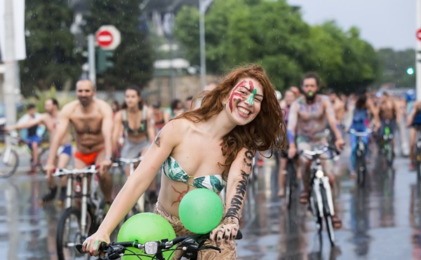 Cyclists take part in a 2015 World Naked Bike Ride in Thessaloniki, Greece.