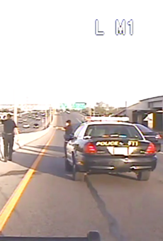 This screen grab from dash-cam footage provided to the San Antonio Current shows Jesse Aguirre, 38, moments before being taken into custody in April 2013 on U.S. 90.