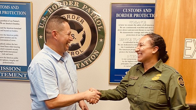 San Antonio-area U.S. Rep. Tony Gonzales does the old "grip and grin" during an October visit to a Border Patrol facility.