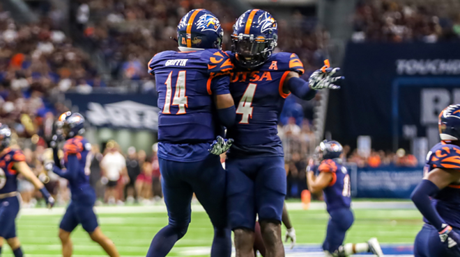 UTSA football players celebrate after their season opening win over Texas State University.