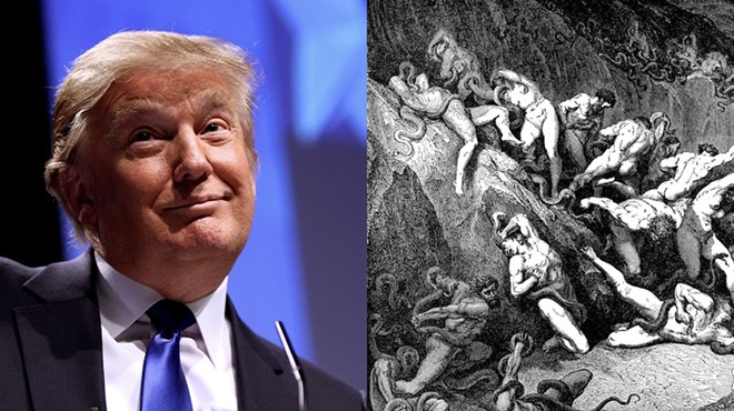 At left: Serial liar Donald Trump; at right: liars attacked by serpents in Dante's eighth circle of Hell.