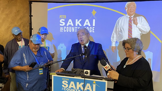 Peter Sakai gives a victory speech after his opponent conceded in the race for Bexar County judge.