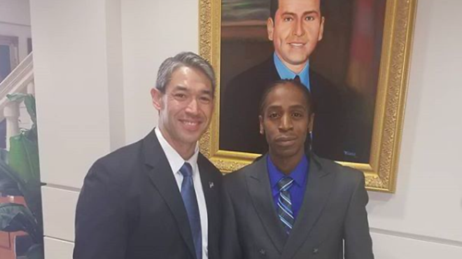 Pharaoh Clark (right) met with San Antonio Mayor Ron Nirenberg this summer to advocate for reforms to SAPD.