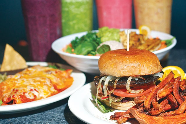 Real Deal Enchiladas, Protein Salad, Portabella Burger, and a smoothie rainbow from Green. - STEVEN GILMORE