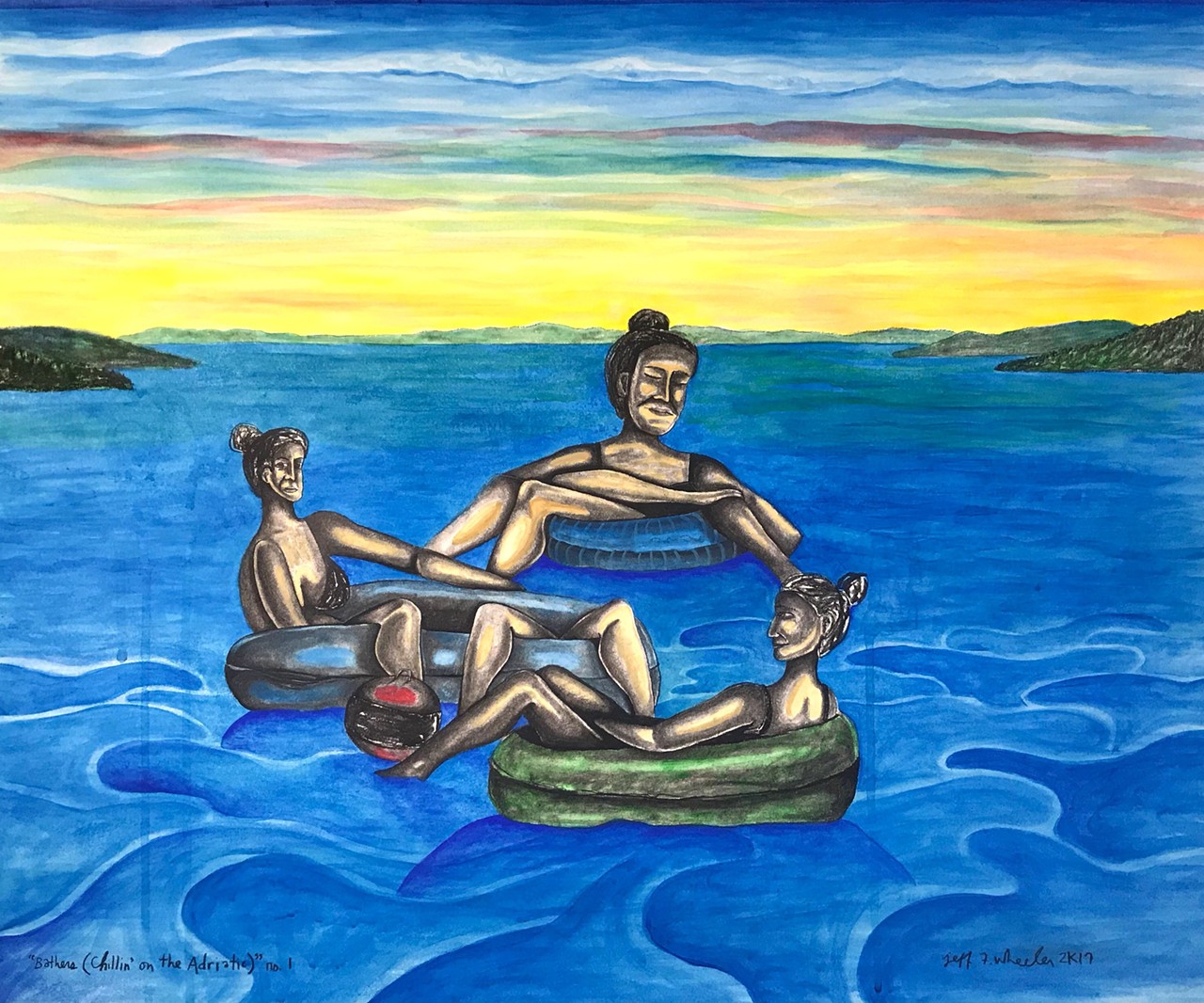 “BATHERS (Chillin’ on the Adriatic),” acrylic and charcoal on paper, 24” x 36”, $900