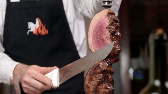 Chama Gaucha restaurants offer 12 types of meat shaved tableside from large skewers.