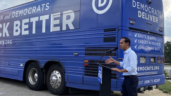 Former San Antonio mayor Julián Castro speaks at the Build Back Better bus tour at Woodlawn Lake Park.