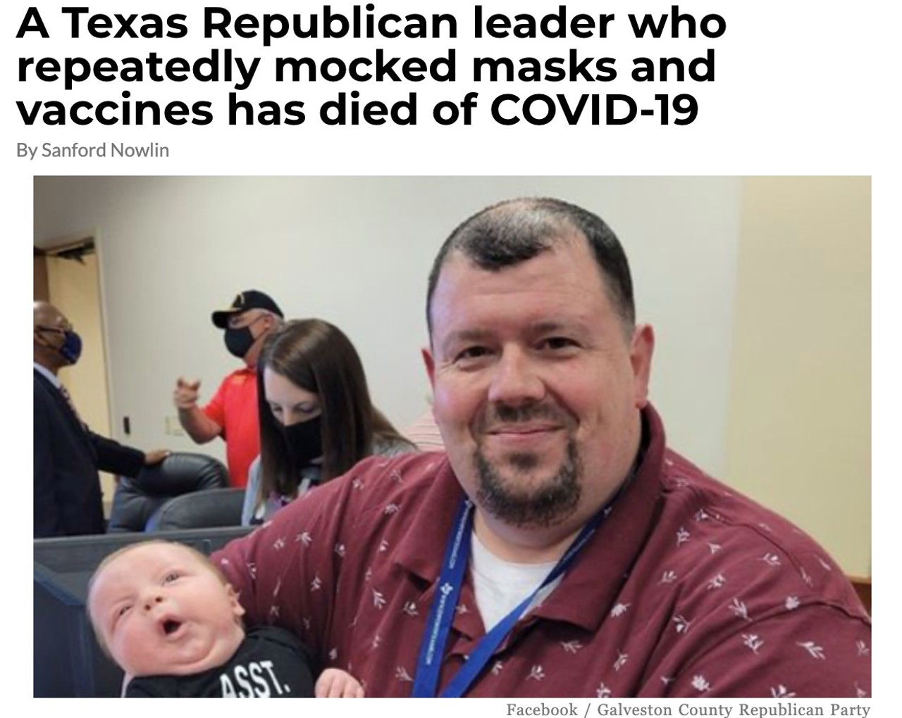 9. A Texas Republican leader who repeatedly mocked masks and vaccines has died of COVID-19