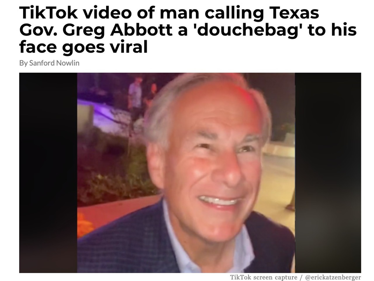 TikTok video of man calling Texas Gov. Greg Abbott a 'douchebag' to his face goes viral