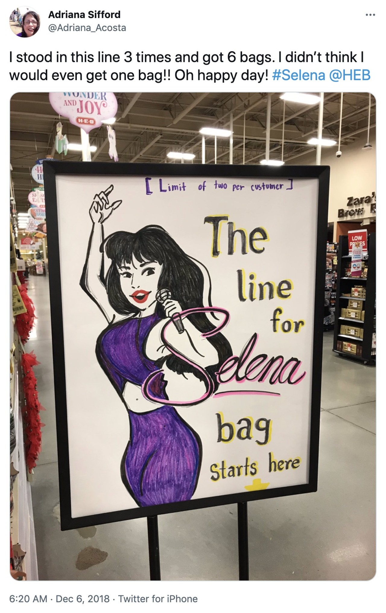 You have collected every Selena shopping bag H-E-B has ever released. Photo via Twitter / Adriana_Acosta