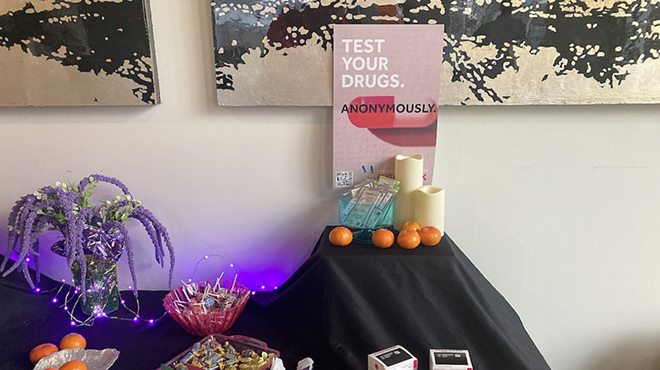 This harm reduction table set up in Portland, Oregon offers free Narcan spray, Naloxone with syringes and strips to test drugs for fentanyl.