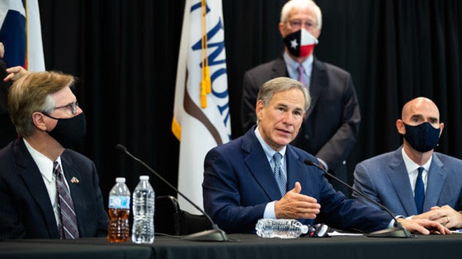 Gov. Greg Abbott (center), Lt. Gov. Dan Patrick and House Speaker Dennis Bonnen (right) in May asked state agencies to cut their budgets by 5%.