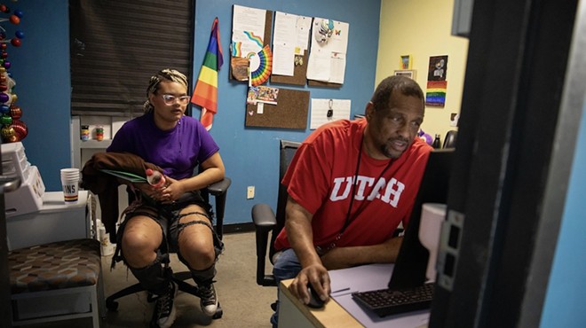 Isabella Morningstar talks with Marcus Anthony, a case manager at Thrive Youth Center in San Antonio as he looks for an update on her new birth certificate. After she aged out of the foster care system in 2020, she had a difficult time updating her paperwork to reflect her legal name and gender marker.