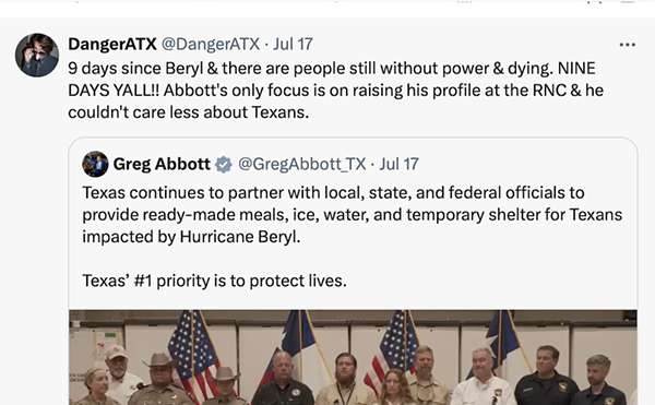 Texas social media users just can't stop trashing Greg Abbott over Hurricane Beryl