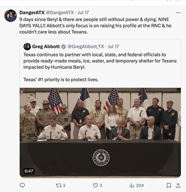 Texas social media users just can't stop trashing Greg Abbott over Hurricane Beryl