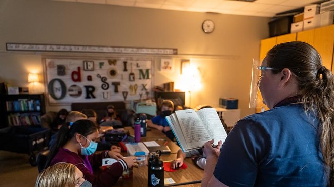 Teacher Melissa Perry reads to her fifth grade class at Jacob’s Well Elementary School in Wimberley on September 4, 2020.