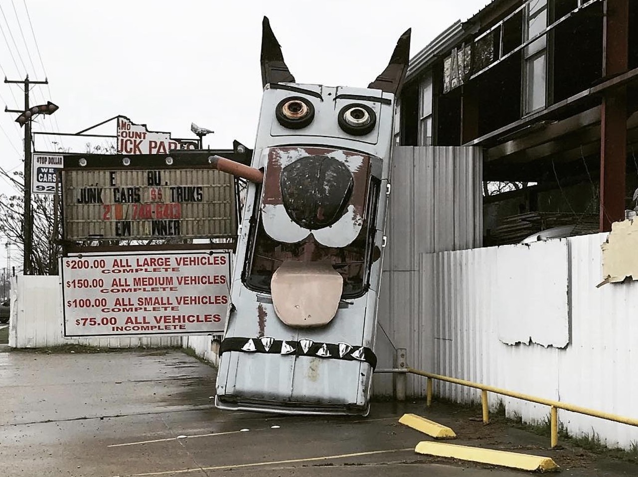 Junk Yard Dog
1201 Somerset Road
This canny canine is made by the same artist as the giant cowboy boots which sit outside of North Star Mall. Bob "Daddy-O" Wade, who passed away in late 2019, built the pup out of cars in his junk yard: a 1966 Plymouth Fury, a Volkswagen Beetle and the hood of a Cadillac.