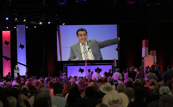 Outgoing Republican Party of Texas Chairman Matt Rinaldi gives voting directives during the 5th General Meeting of the 2022 Texas State Republican Convention on June 18, 2022.