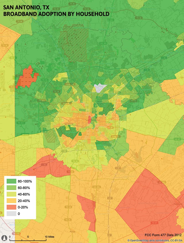 The map reveals disparities in internet access along socio-economic and geographical lines - COURTESY OF THE OPEN TECHNOLOGY INSTITUTE