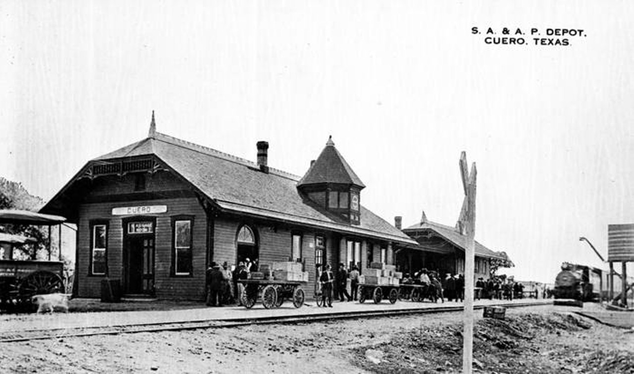 San Antonio and Aransas Pass Railroad Station, 1905
Exterior of San Antonio and Aransas Pass Railroad Station in Cuero, Texas.
