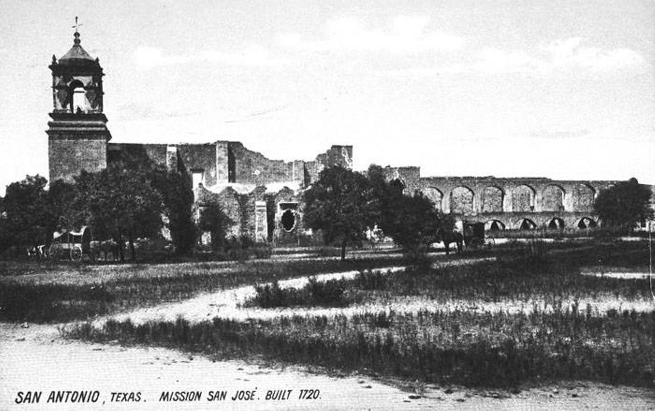 Mission San Jose, 1910-20
South elevation of Mission San Jose. Side of church and convento visible.