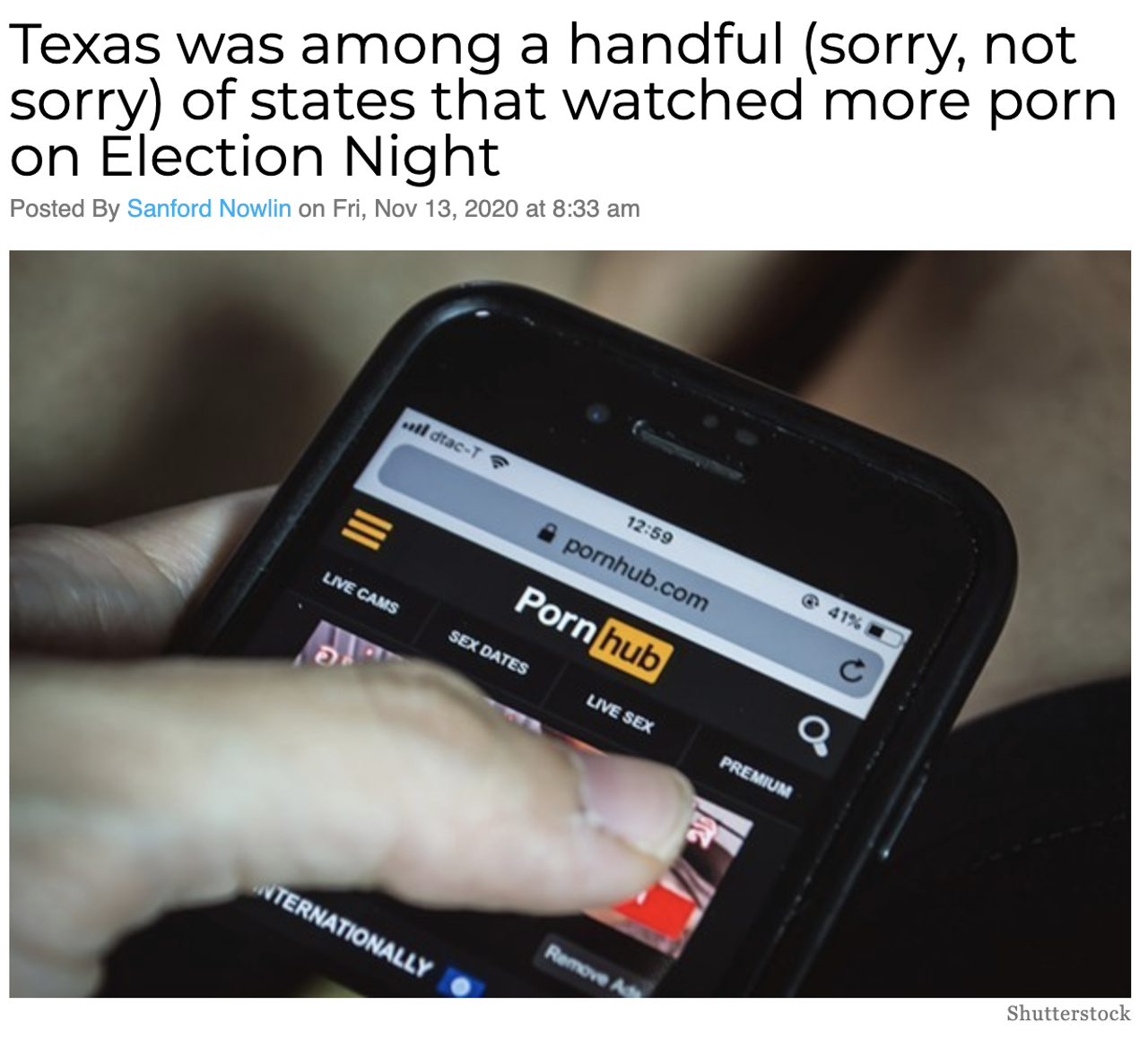 Apparently, horny Texans don't let much get in the way of pounding off or rubbing one out — not even a historic presidential election. Read more here.