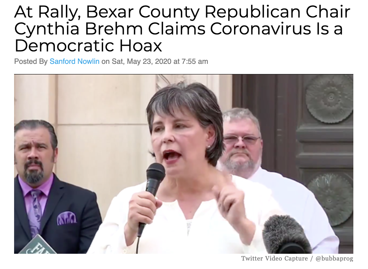 Controversial Bexar County GOP Chair Cynthia Brehm and a handful of faithful gathered in front of City Hall to decry local leaders' dangerous, liberty-crushing suggestion that folks might want to protect themselves with masks during a deadly pandemic. Read more here.