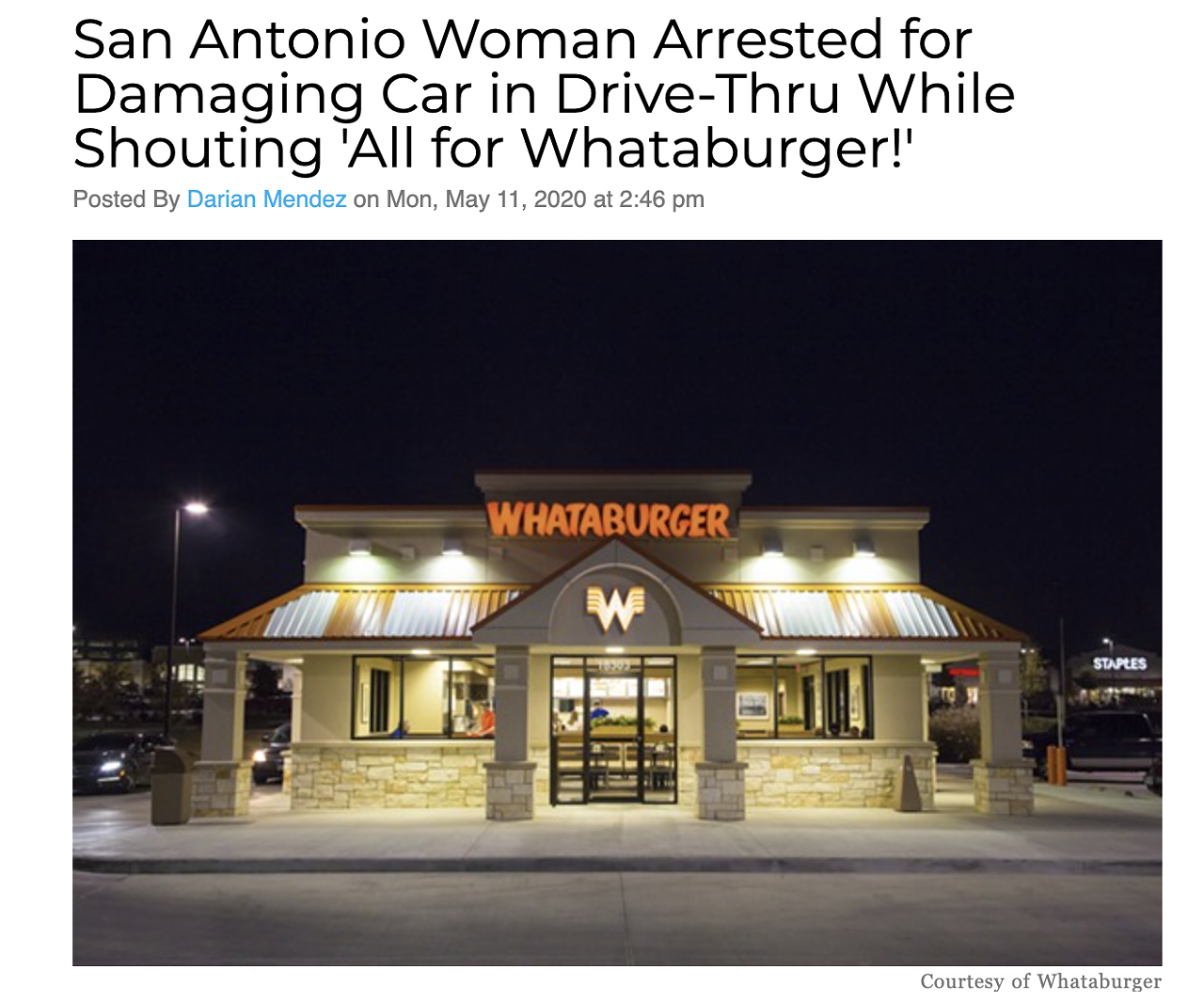 A hangry woman is facing charges after losing her temper and damaging another vehicle waiting in line at a San Antonio Whataburger drive-thru. Read more here.