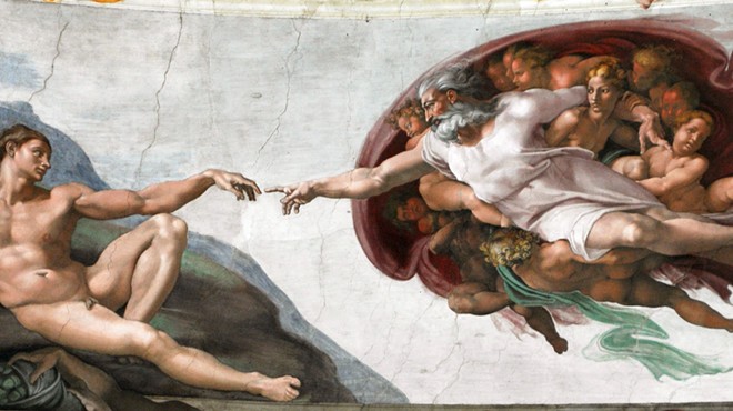 The Creation of Adam is among the Sistine Chapel frescoes recreated in the traveling exhibition.