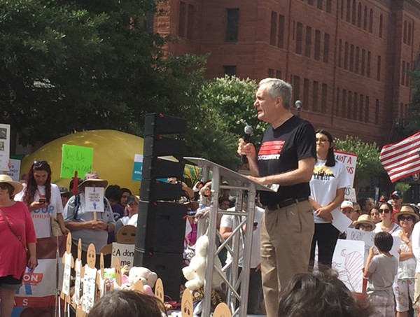 Rep. Lloyd Doggett speaking at the Families Belong Together rally in San Antonio's Main Plaza. - SANFORD NOWLIN